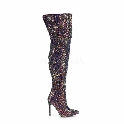 Product image of Pleaser COURTLY-3015 Black Multicolour Glitter 5 inch (11.6 cm) Glitter Thigh High Boot 1/3 Side Zip