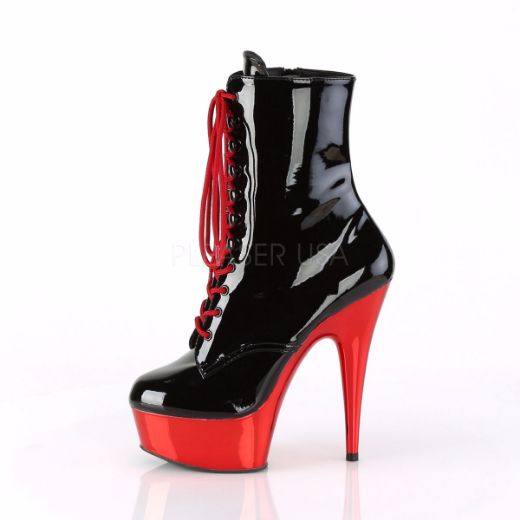 Product image of Pleaser DELIGHT-1020 Black Patent/Red Chrome 6 inch (15.2 cm) Heel 1 3/4 inch (4.5 cm) Platform Lace-Up Ankle Boot Side Zip