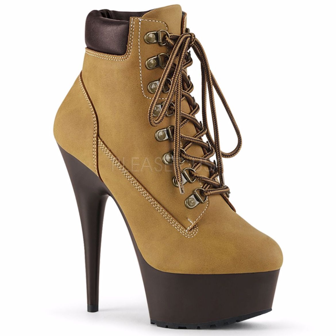 Product image of Pleaser DELIGHT-600TL-02 Tan Faux Suede Faux Leather/Dark Brown Matte 6 inch (15.2 cm) Heel 1 3/4 inch (4.5 cm) Platform Lace-Up Front Bootie Side Zip