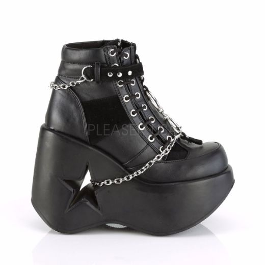 Product image of Demonia DYNAMITE-101 Black Vegan Faux Leather-Vegan Faux Suede 5 inch Stars Cutout Platform Wedge Side Lace-Up Ankle Boot Side Zip
