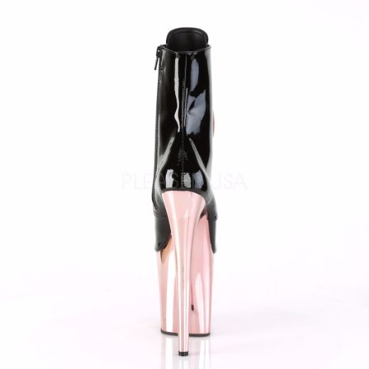Product image of Pleaser FLAMINGO-1020 Black Patent/Rose Gold Chrome 8 inch (20 cm) Heel 4 inch (10 cm) Platform Lace-Up Ankle Boot Side Zip