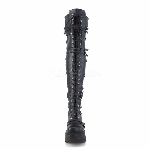 Product image of Demonia SHAKER-350 Black Veagn Faux Leather-Stretch 4 1/2 inch Wedge Platform Lace-Up Over-The Knee Boot Side Zip Knee High Boot