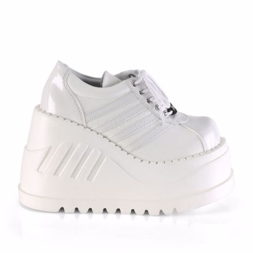Product image of Demonia STOMP-08 White Patent-Vegan Faux Leather 4 3/4 inch Wedge Platform Lace-Up Shoe