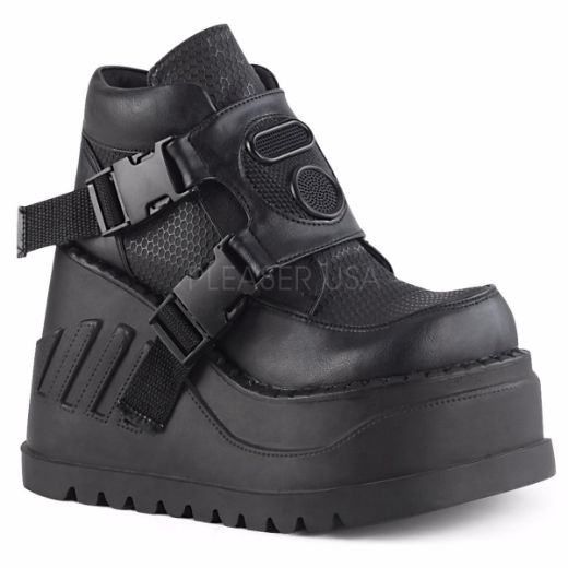 Product image of Demonia STOMP-15 Black Vegan Faux Leather 4 3/4 inch Wedge Platform Bootie With Snap Buckles Detail