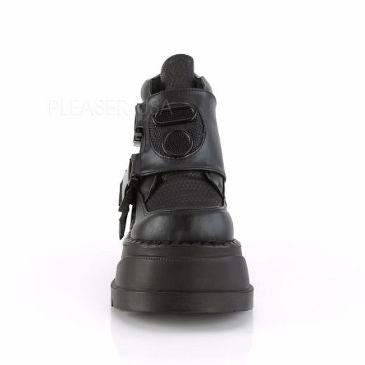 Product image of Demonia STOMP-15 Black Vegan Faux Leather 4 3/4 inch Wedge Platform Bootie With Snap Buckles Detail