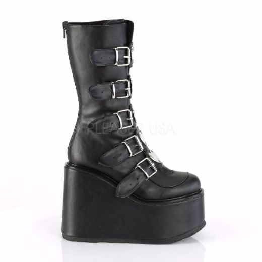 Product image of Demonia SWING-230 Black Vegan Faux Leather 5 1/2 inch Platform Mid-Calf Boot With  5 Buckles Straps Back Metal Zip