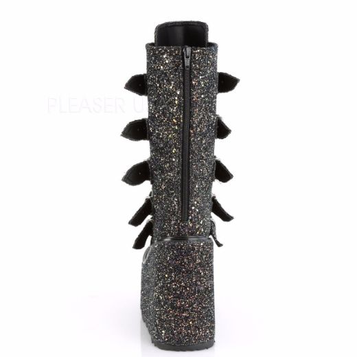 Product image of Demonia SWING-230G Black Multicolour Glitter 5 1/2 inch Platform Mid-Calf Boot With  5 Buckles Straps Back Metal Zip