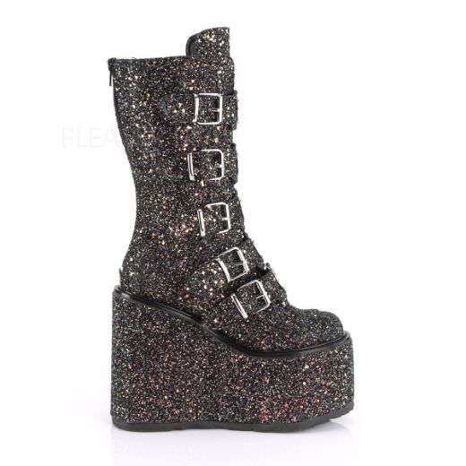 Product image of Demonia SWING-230G Black Multicolour Glitter 5 1/2 inch Platform Mid-Calf Boot With  5 Buckles Straps Back Metal Zip