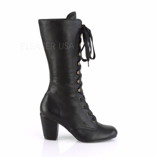 Product image of Demonia VIVIKA-205 Black Vegan Faux Leather 3 inch (7.6 cm) Block Heel Round Toe Lace-Up Mid-Calf Boot Size Zip