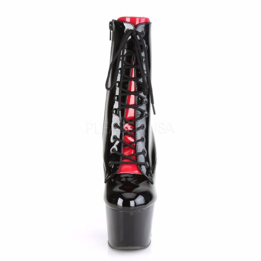 Product image of Pleaser ADORE-1020FH Black-Red Patent/Black-Red 7 inch (17.8 cm) Heel 2 3/4 inch (7 cm) Platform Two Tone Lace-Up Ankle Boot Side Zip