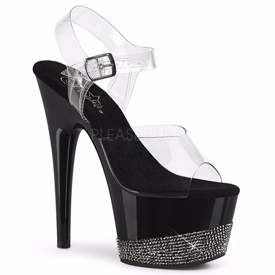 Product image of Pleaser ADORE-708-3 Clear/Black-Pewter Rhinestones 7 inch (17.8 cm) Heel 2 3/4 inch (7 cm) Platform Ankle Strap Sandal With  Rhinestones Platform Shoes