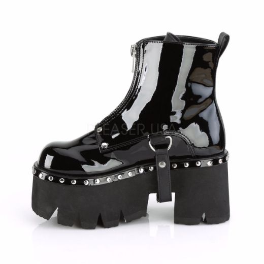 Product image of Demonia ASHES-100 Black Patent-Vegan Faux Leather 3 1/2 inch (9 cm) Chunky Heel Cut Out Platform Ankle Boot Front Zip