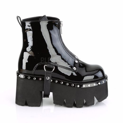Product image of Demonia ASHES-100 Black Patent-Vegan Faux Leather 3 1/2 inch (9 cm) Chunky Heel Cut Out Platform Ankle Boot Front Zip