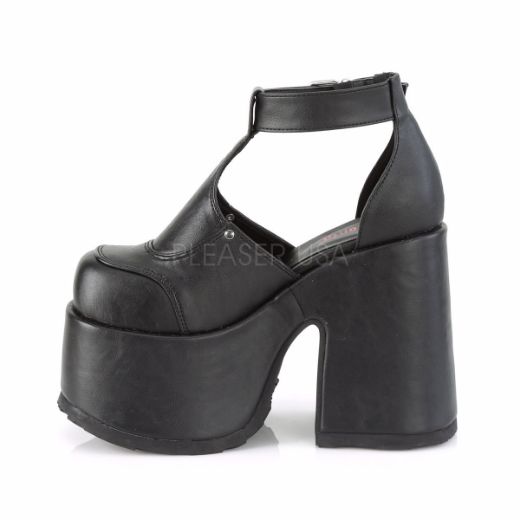 Product image of Demonia CAMEL-103 Black Vegan Faux Leather 5 inch (12.7 cm) Chunky Heel 3 inch (7.6 cm) Platform Eyelet T-Straps Sandal Shoes