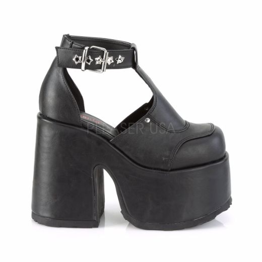 Product image of Demonia CAMEL-103 Black Vegan Faux Leather 5 inch (12.7 cm) Chunky Heel 3 inch (7.6 cm) Platform Eyelet T-Straps Sandal Shoes