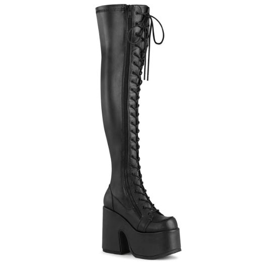 Product image of Demonia CAMEL-300 Black Stretch Vegan Faux Leather 5 inch (12.7 cm) Chunky Heel 3 inch (7.6 cm) Platform Lace-Up Thigh-High Boot Outside Zip