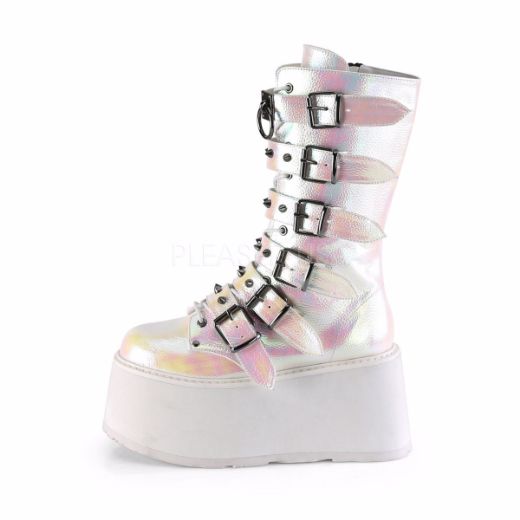 Product image of Demonia DAMNED-225 Pearl Iridescent Vegan Faux Leather 3 1/2 inch Platform Mid-Calf Boot With  6 Buckles Straps Metal Side Zip
