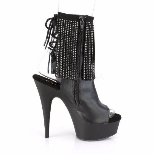 Product image of Pleaser DELIGHT-1018RSF Black Faux Leather/Black Matte 6 inch (15.2 cm) Heel 1 3/4 inch (4.5 cm) Platform Open Toe Rhinestones Fringe Ankle Boot Side Zip
