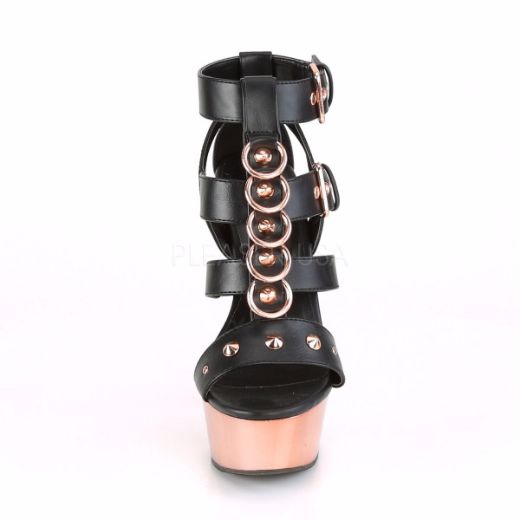Product image of Pleaser DELIGHT-658 Black Faux Leather/Rose Gold Chrome 6 inch (15.2 cm) Heel 1 3/4 inch (4.5 cm) Platform Strappy T-Straps Close Back Sandal