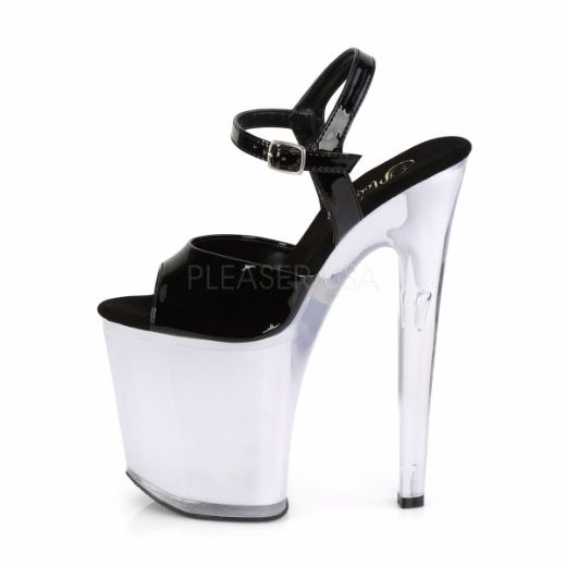 Product image of Pleaser DISCOLITE-809 Black Patent/White Glow 8 inch (20 cm) Heel 4 inch (10 cm) Platform Led Illuminated Ankle Strap Sandal