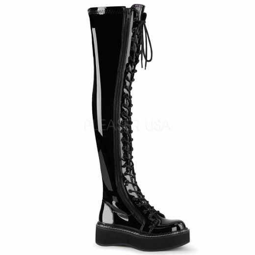 Product image of Demonia EMILY-375 Black Patent 2 inch Platform Stretch Thigh-High Lace-Up Boot With  Outer Metal Zip