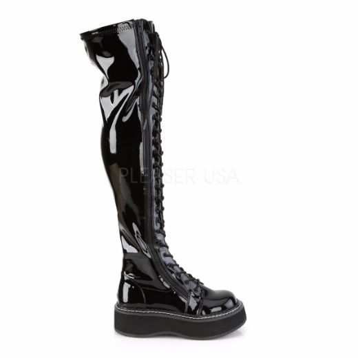 Product image of Demonia EMILY-375 Black Patent 2 inch Platform Stretch Thigh-High Lace-Up Boot With  Outer Metal Zip