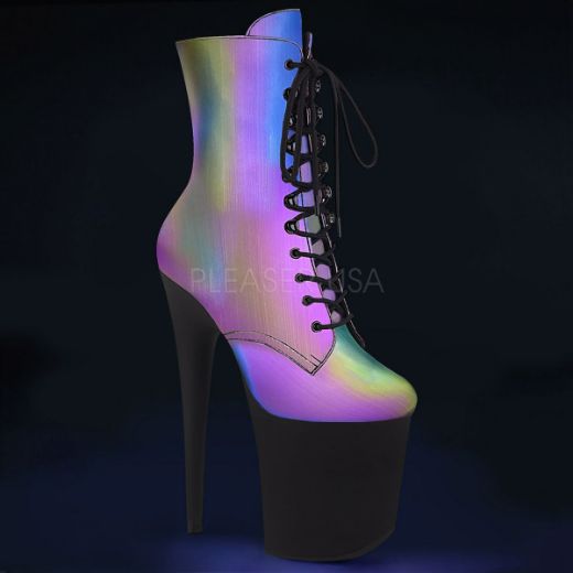 Product image of Pleaser FLAMINGO-1020REFL Rainbow Reflective/Black Matte 8 inch (20 cm) Heel 4 inch (10 cm) Platform Lace-Up Front Ankle Boot Side Zip