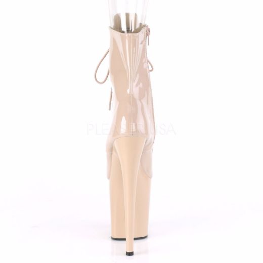Product image of Pleaser FLAMINGO-1021 Nude Patent/Nude 8 inch (20 cm) Heel 4 inch (10 cm) Platform Peep Toe Lace-Up Ankle Boot Side Zip