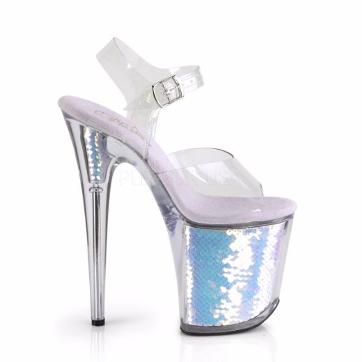 Product image of Pleaser FLAMINGO-808MC Clear/Lavender Holographic Inserts 8 inch (20 cm) Heel 4 inch (10 cm) Platform Ankle Strap Sandal