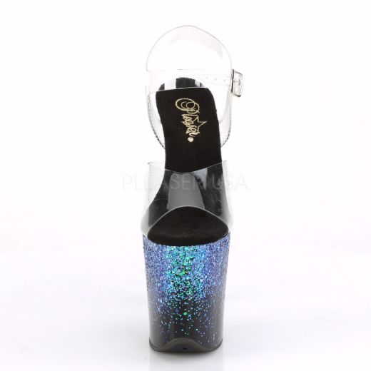 Product image of Pleaser FLAMINGO-808SS Clear/Black-Blue Multicolour Glitter 8 inch (20 cm) Heel 4 inch (10 cm) Platform Ankle Strap Sandal Shoes