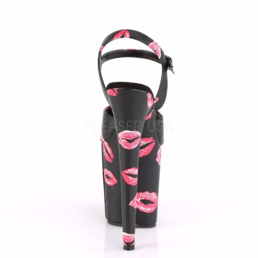 Product image of Pleaser FLAMINGO-809KISSES Black Faux Leather/Black Faux Leather 8 inch (20 cm) Heel 4 inch (10 cm) Platform Ankle Strap Sandal With  Lip Print Shoes