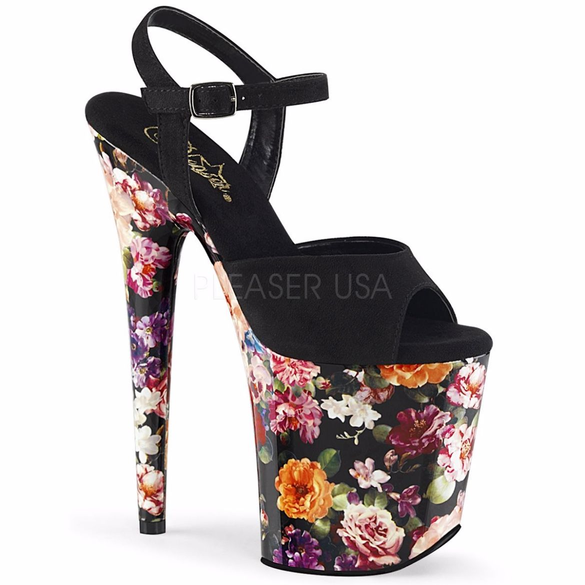 Product image of Pleaser FLAMINGO-809WR Black Faux Suede/Flower Print Wrapped 8 inch (20 cm) Heel 4 inch (10 cm) Platform Ankle Strap Sandal With  Flower Print Shoes
