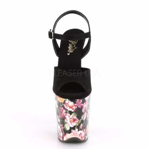 Product image of Pleaser FLAMINGO-809WR Black Faux Suede/Flower Print Wrapped 8 inch (20 cm) Heel 4 inch (10 cm) Platform Ankle Strap Sandal With  Flower Print Shoes