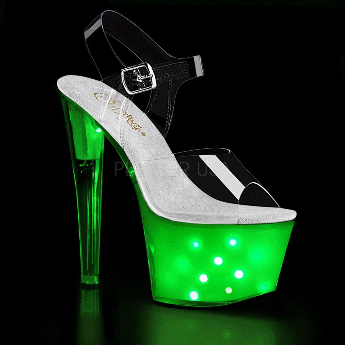 Product image of Pleaser ILLUMINATOR-708 Clear/White Glow 7 inch (17.8 cm) Heel 2 3/4 inch (7 cm) Platform Led Illuminated Ankle Strap Sandal