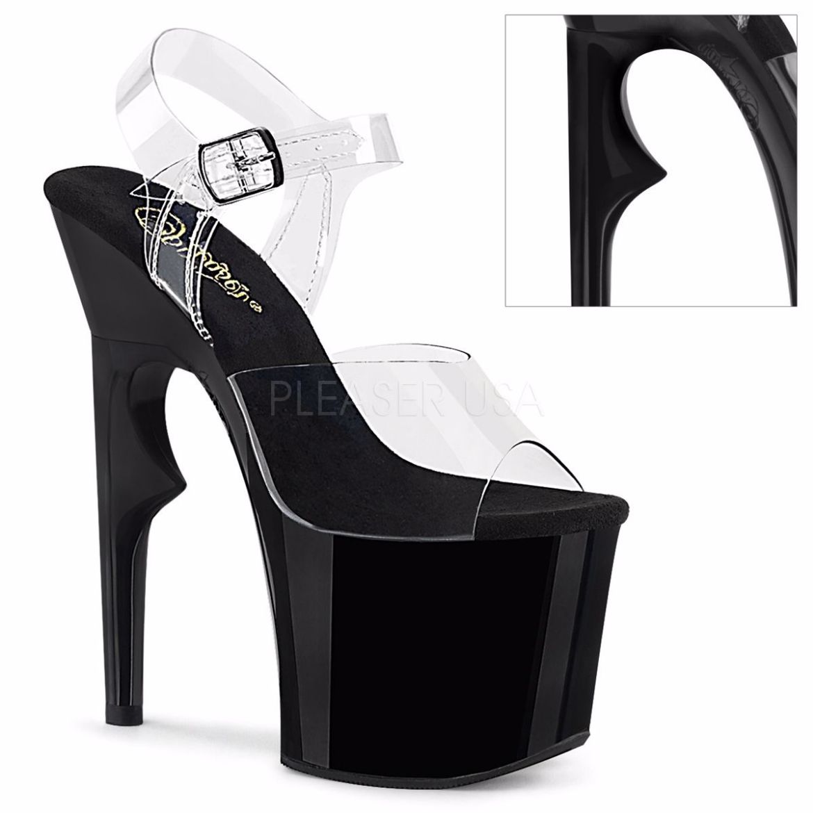 Product image of Pleaser LOVETHORN-708 Clear/Black 7 inch (17.8 cm) Rose Thron Heel 3 1/4 inch (8.3 cm) Platform Ankle Strap Sandal Shoes