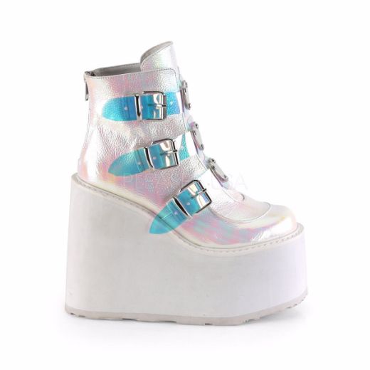 Product image of Demonia SWING-105 Pearl Iridescent Vegan Faux Leather 5 1/2 inch Platform Ankle Boot With  3 Buckles Straps Back Metal Zip
