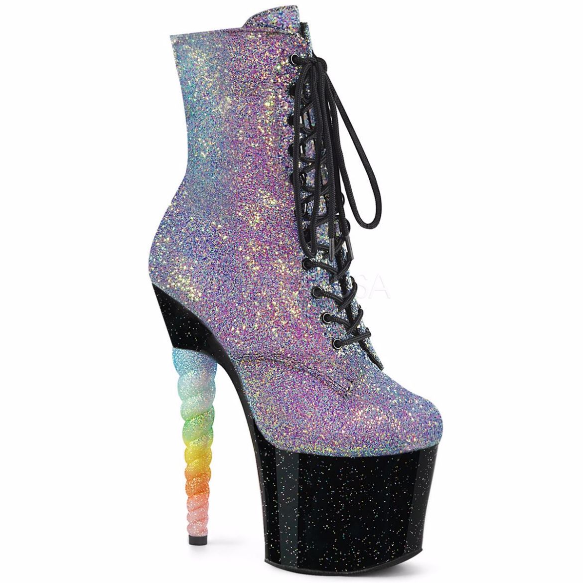Product image of Pleaser UNICORN-1020G Purple-Blue Glitter/Black 7 inch (17.8 cm) Unicorn Heel 3 1/4 inch (8.3 cm) Platform Lace-Up Ankle Boot Side Zip