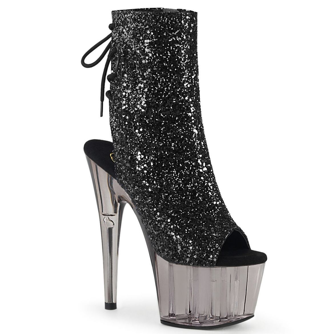 Product image of Pleaser ADORE-1018GT Black Glitter/Smoke Tinted 7 inch (17.8 cm) Heel 2 3/4 inch (7 cm) Tinted Platform Open Toe Ankle Boot Side Zip