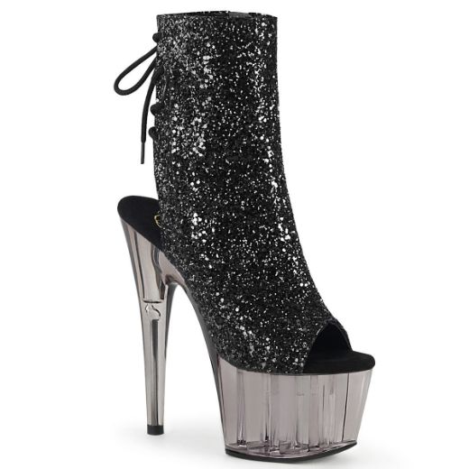 Product image of Pleaser ADORE-1018GT Black Glitter/Smoke Tinted 7 inch (17.8 cm) Heel 2 3/4 inch (7 cm) Tinted Platform Open Toe Ankle Boot Side Zip