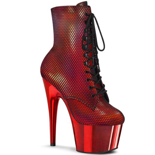 Product image of Pleaser ADORE-1020HFN Red Holographic/Red Chrome 7 inch (17.8 cm) Heel 2 3/4 inch (7 cm) Platform Lace-Up Front Ankle Boot Side Zip