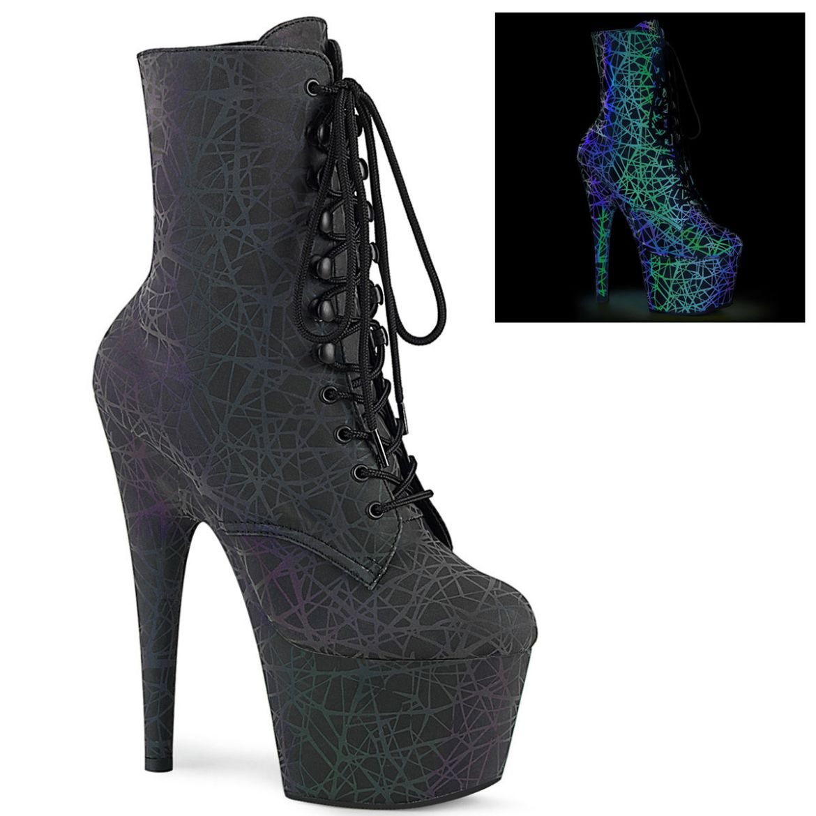 Product image of Pleaser ADORE-1020REFL Green-Purple Refl./Green-Purple Refl 7 inch (17.8 cm) Heel 2 3/4 inch (7 cm) Platform Lace-Up Front Ankle Boot Side Zip