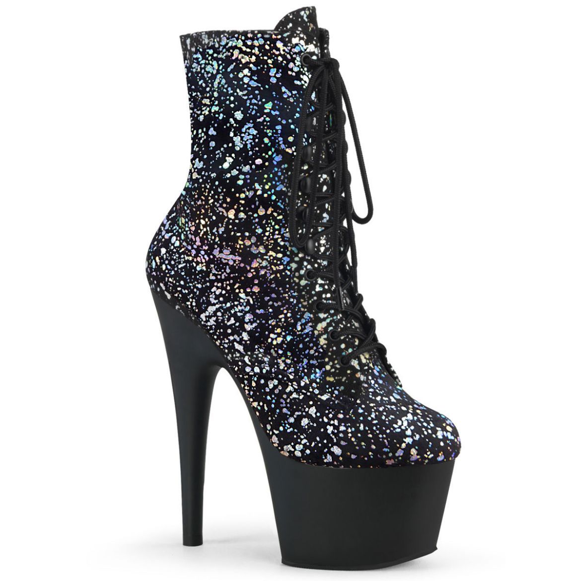 Product image of Pleaser ADORE-1020SPLAT Black Velvet-Silver Holographic/Black Matte 7 inch (17.8 cm) Heel 2 3/4 inch (7 cm) Platform Lace-Up Front Ankle Boot Side Zip