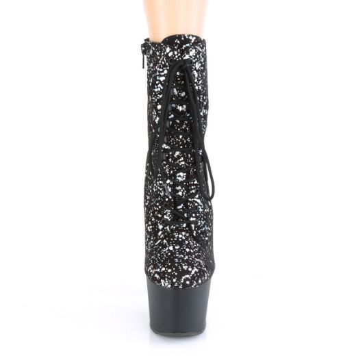 Product image of Pleaser ADORE-1020SPLAT Black Velvet-Silver Holographic/Black Matte 7 inch (17.8 cm) Heel 2 3/4 inch (7 cm) Platform Lace-Up Front Ankle Boot Side Zip
