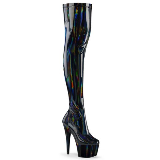 Product image of Pleaser ADORE-3000HWR Black Stretch Holographic/Black Holographic 7 inch (17.8 cm) Heel 2 3/4 inch (7 cm) Platform Stretch Thigh Boot Side Zip Thigh High Boot