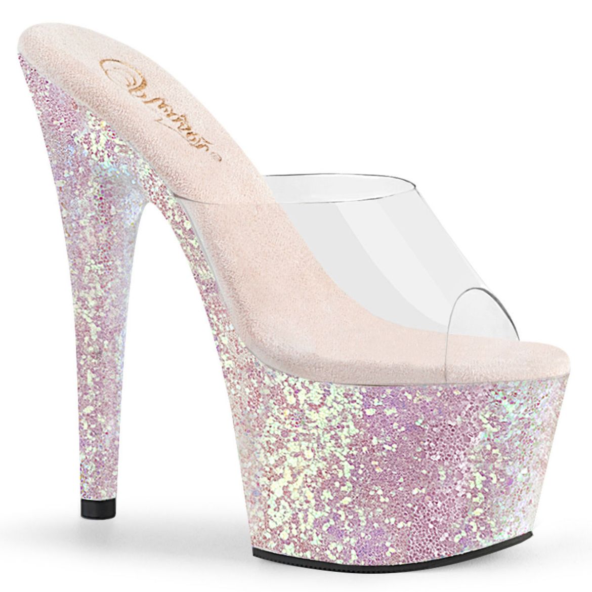 Product image of Pleaser ADORE-701LG Clear/Multicolour Multicolour Glitter 7 inch (17.8 cm) Heel 2 3/4 inch (7 cm) Platform Slide Slide Mule Shoes