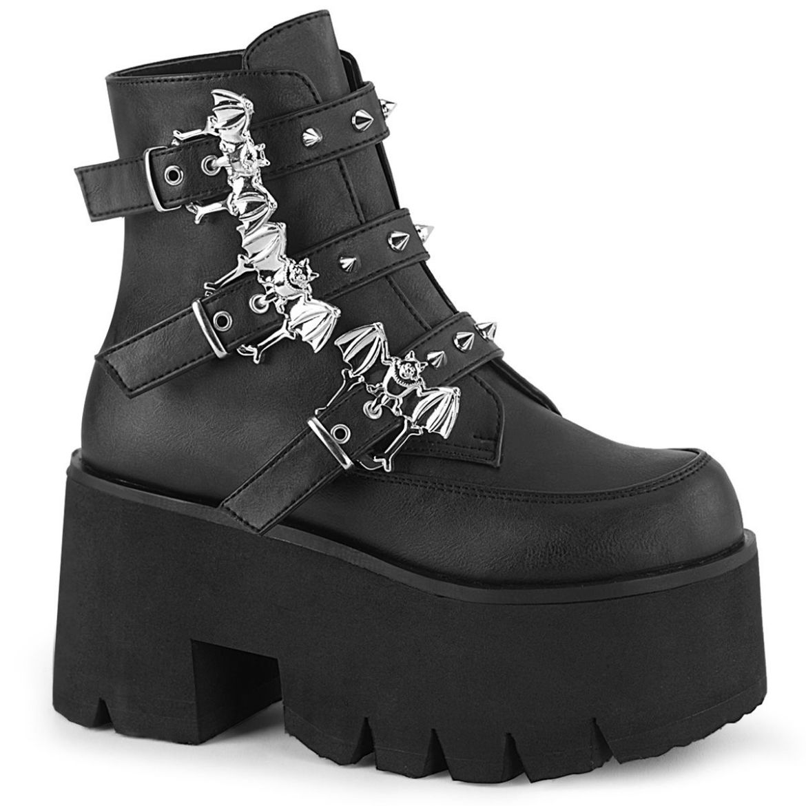 Product image of Demonia ASHES-55 Black Vegan Faux Leather 3 1/2 inch (9 cm) Chunky Heel Cut Out Platform Ankle Boot