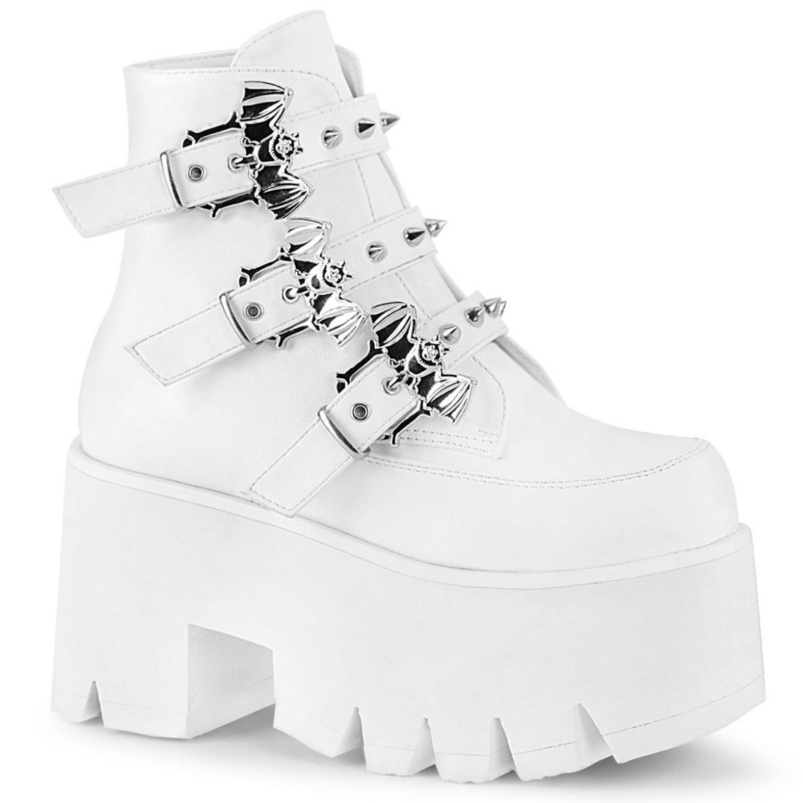 Product image of Demonia ASHES-55 White Vegan Faux Leather 3 1/2 inch (9 cm) Chunky Heel Cut Out Platform Ankle Boot