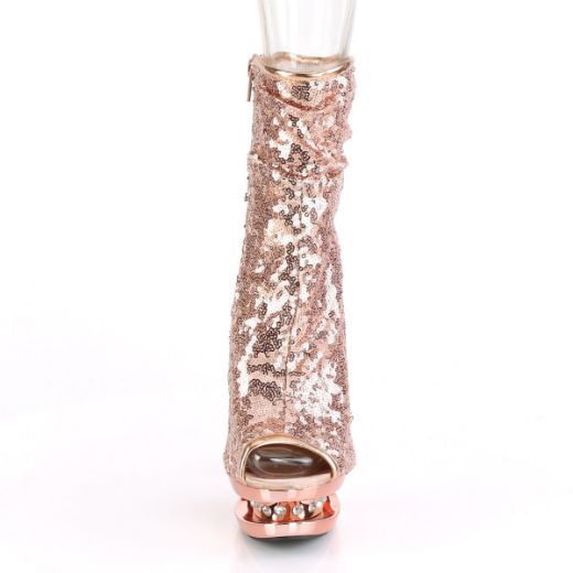 Product image of Pleaser BLONDIE-R-1008 Rose Gold Sequins/Rose Gold Chrome 6 inch (15.2 cm) Heel 1 1/2 inch (3.8 cm) Platform Sequins Open Toe Ankle Boot Side Zip