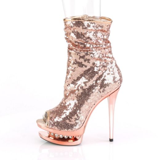 Product image of Pleaser BLONDIE-R-1008 Rose Gold Sequins/Rose Gold Chrome 6 inch (15.2 cm) Heel 1 1/2 inch (3.8 cm) Platform Sequins Open Toe Ankle Boot Side Zip