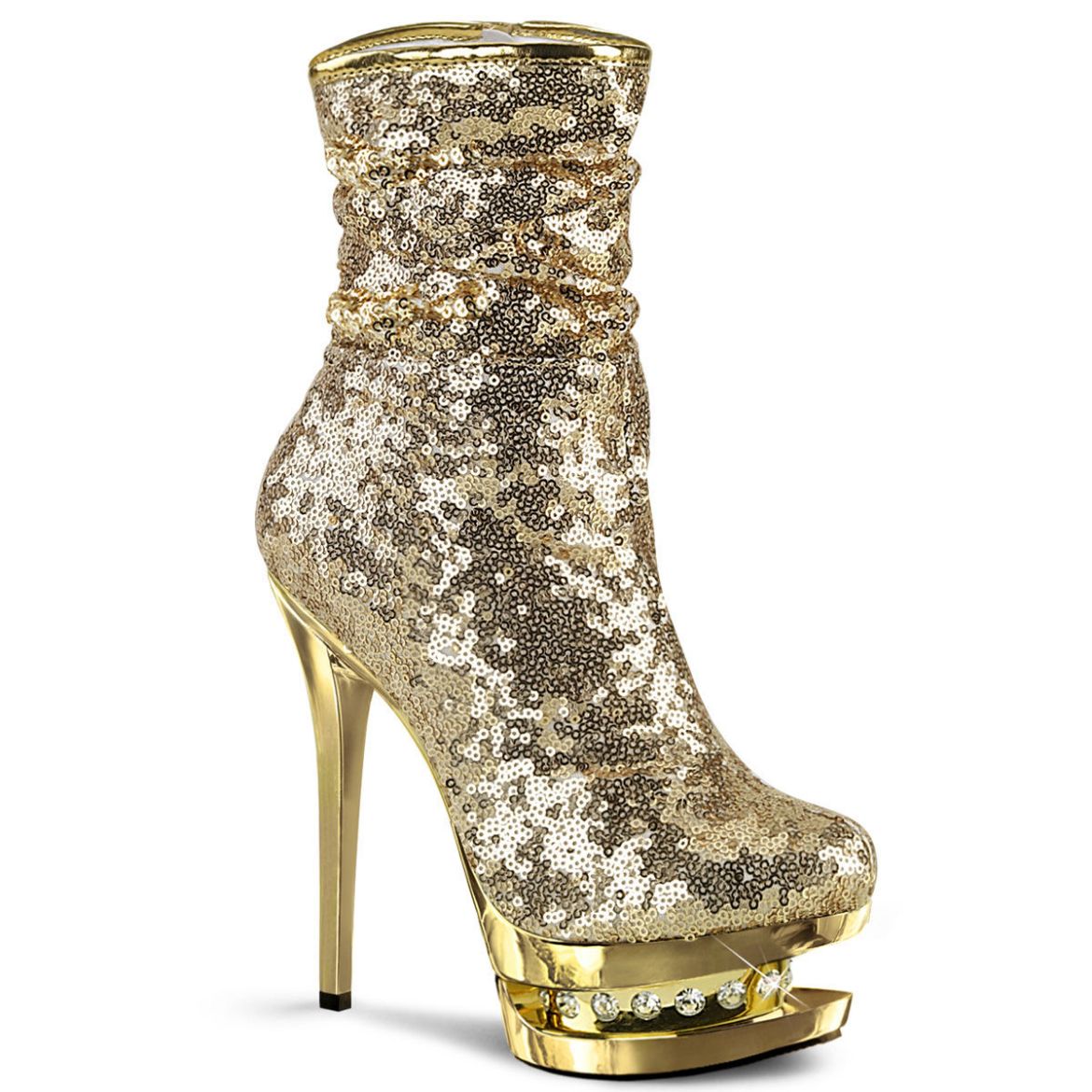 Product image of Pleaser BLONDIE-R-1009 Gold Sequins/Gold Chrome 6 inch (15.2 cm) Heel 1 1/2 inch (3.8 cm) Platform Sequins Ankle Boot Side Zip